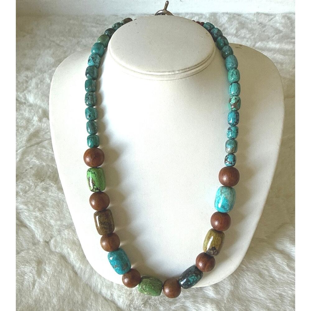 Boho Southwestern Turquoise Color Stone Wood Beaded Toggle Necklace
